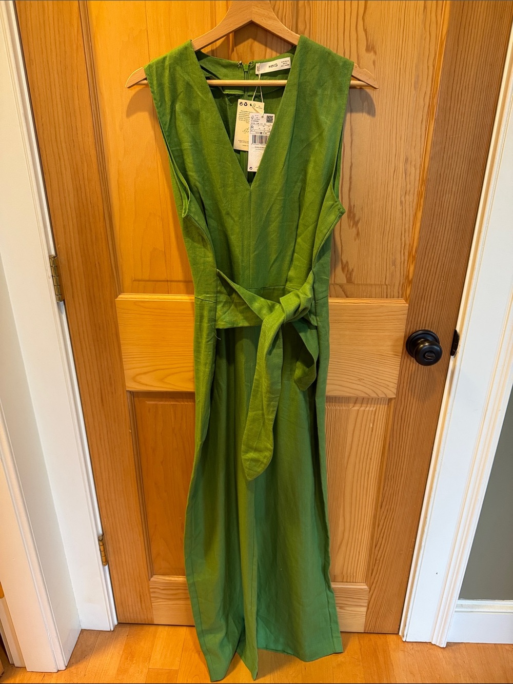 Mango Emerald Green Sleeveless V-Neck Jumpsuit with Waist Tie